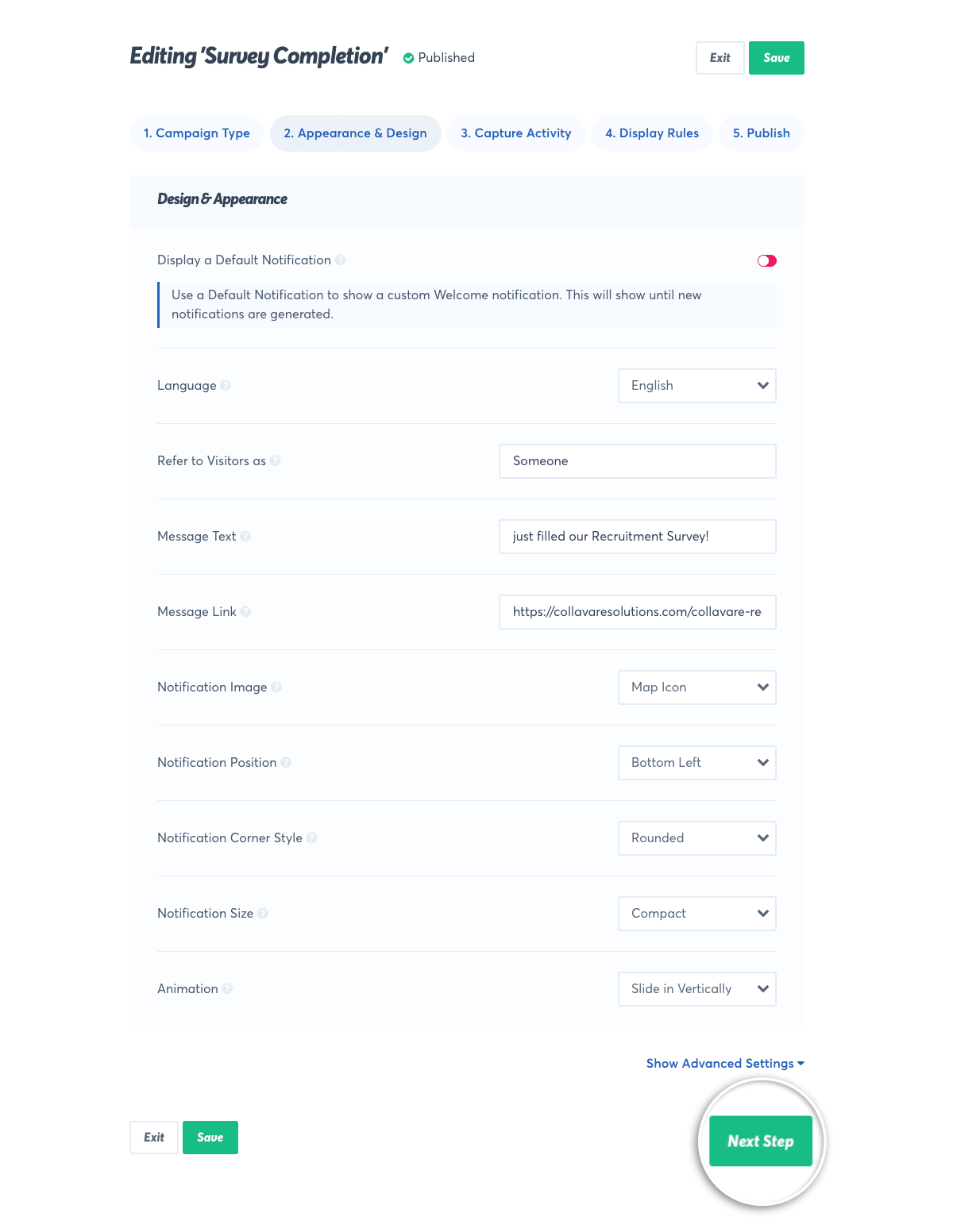 click next after your appearance and design settings