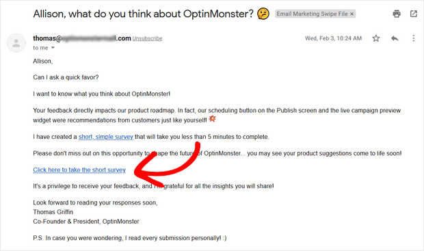 customer feedback email example from optinmonster