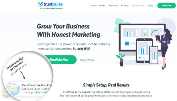 TrustPulse example social proof notification on home page