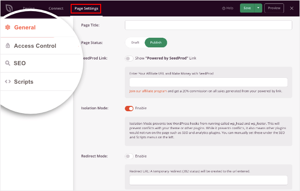 general settings page in seedprod