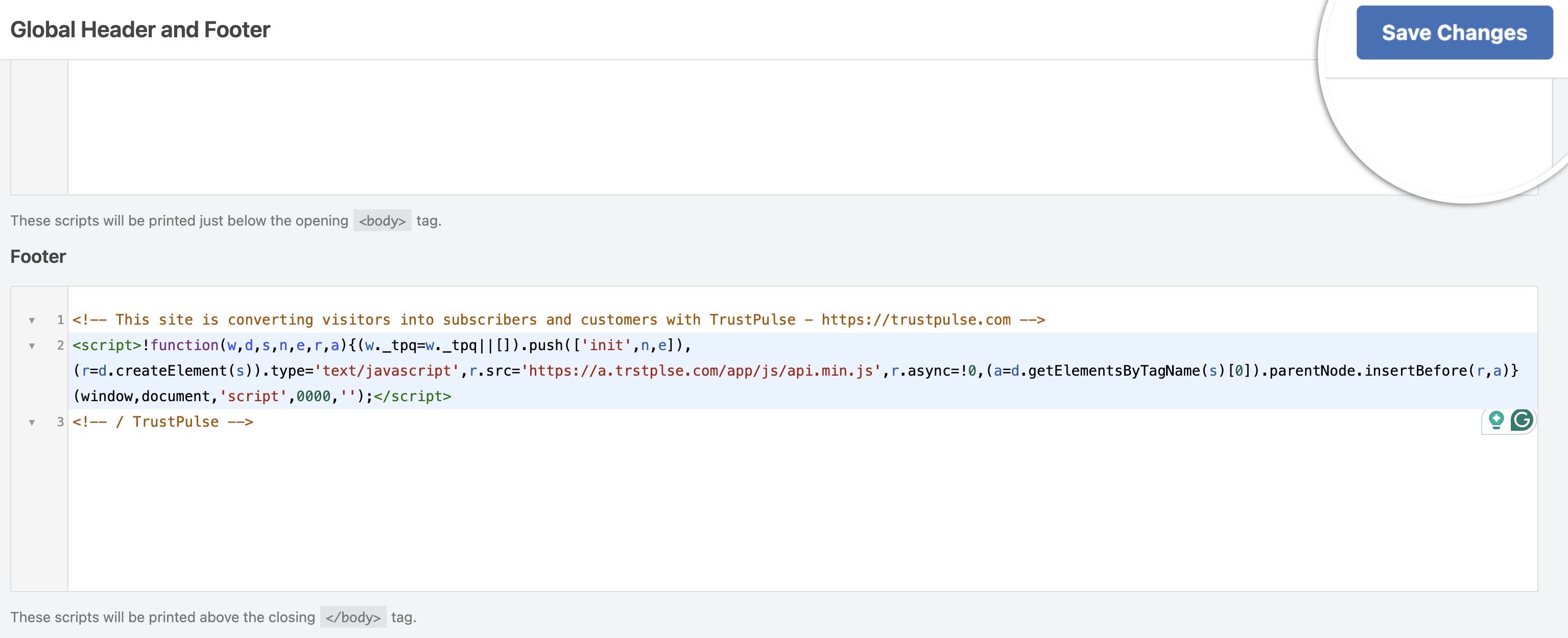 save changes after adding the TrustPulse Embed Code