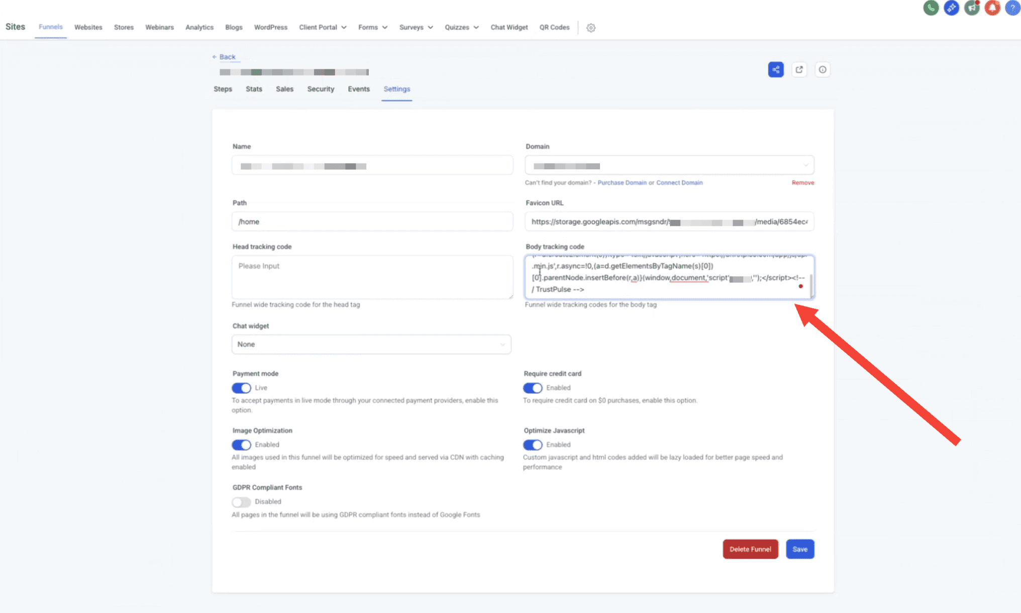 paste your TrustPulse embed code to the body tracking code field