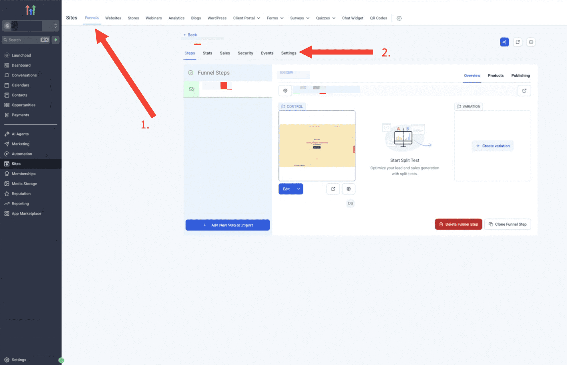 from the funnels tab select settings